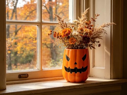 Large Ceramic Kitchen Utensil Holder for Kitchen Counter & Countertop Cooking Utensil Holder Spatula Holder Utensil Crock for Counter Halloween Kitchen Deco and Accessories (Pumpkin with Pattern)
