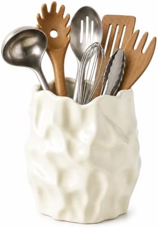 Ceramic Utensil Holder for Kitchen Countertop, 6 Inch, Cream White