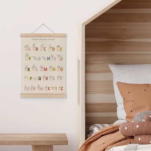 MAQIKA American Sign Language Alphabet Poster Framed with Wood Hanger, Boho Letters Educational Hanging Wall Decor, ASL Alphabet Canvas Wall Art Paints for Classroom Kids Room Bedroom, 12x16 Inch