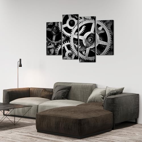 Hello Artwork 4 Panel Canvas Wall Art Mechanical Gear Cogs Old Factory Painting Engineer Team Motivation Inspiration Pictures Print For Modern Home Decor Stretched and Framed Ready to Hang 48x32inch