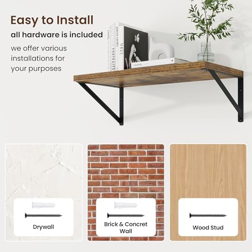 Axeman 20 Inch Floating Shelves, 10 Inch Deep Brown Wall Shelves Set of 2
