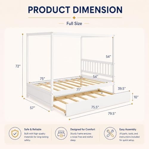 Full Size Canopy Bed with Trundle, Solid Wood Daybed Frame for Kids and Teens, Heavy-Duty 600 lbs Support, Space-Saving Guest Bed for Bedroom or Apartment