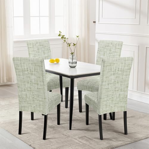 SearchI Dining Room Chair Covers Set of 6, Stretch Printed Parsons Chair Slipcovers Removable Washable Kitchen Chair Protector Cover for Dining Room, Hotel, Ceremony (Green Linen-Look Print)