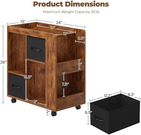 Yaheetech Narrow End Table Storage Drawer Rolling Shelves, Rustic Brown
