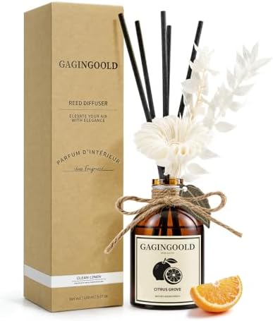 Reed Diffuser Set, Citrus Grove Scent Diffuser with 10 Sticks & Decorative Flower, Long Lasting Diffusers for Home Fragrance, Vintage Decor for Bathroom Bedroom Office Shelf, 5 Fl.oz