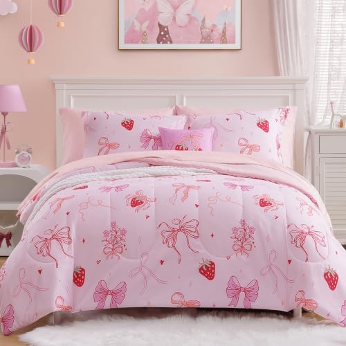 Queen Size Comforter Set for Girls-4 Pieces Pink Bow Queen Bedding Sets