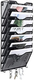 EasyPAG 8 Pocket Mesh Wall File Organizer with Key Hooks, Hanging Paper Folder Holder with Classify Label, Vertical Wall Mount Mail Organizer for Office Home Classroom, Black