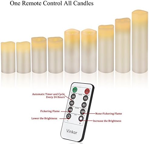 Vinkor Flameless Candles Battery Operated Candles Real Wax Pillar LED Candles with 10-Key Remote and Cycling 24 Hours Timer (Ivory 4" 5" 6" 7" 8" 9")