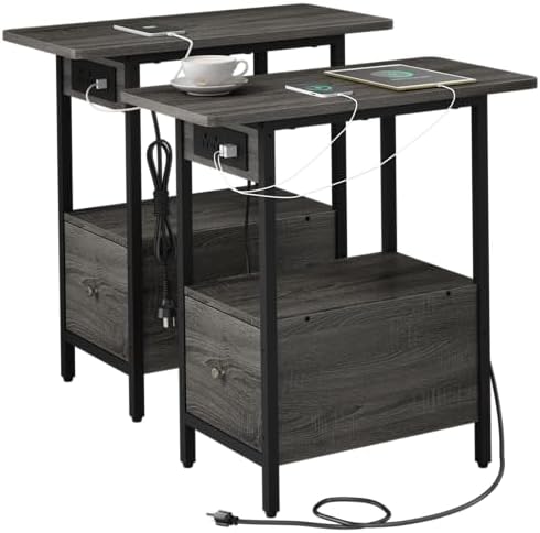 LIDYUK End Table with Charging Station, Narrow Side Table with Drawer