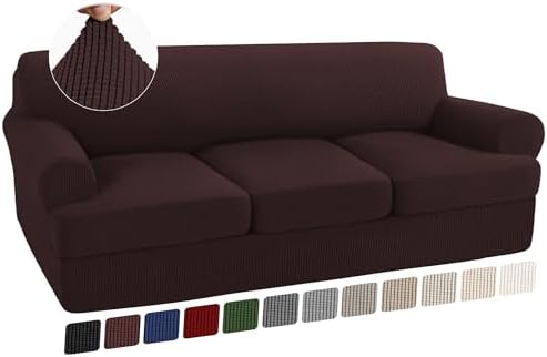 Turquoize 4 Piece T Cushion Sofa Slipcovers Stretch Couch Cover Furniture Covers with 3 Individual T Cushion Covers, Machine Washable (3 Cushion Sofa, Brown)
