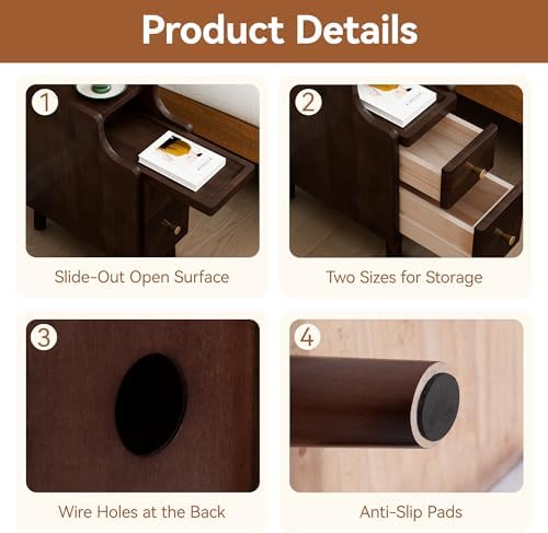 Narrow Nightstand with Drawers Set 2, Pre-Assembled Solid Wood Small Skinny Night Stand with Open Sliding Shelf Slim Bedside Table for Bedroom, Slim Side Table 2, Black Walnut, 8"