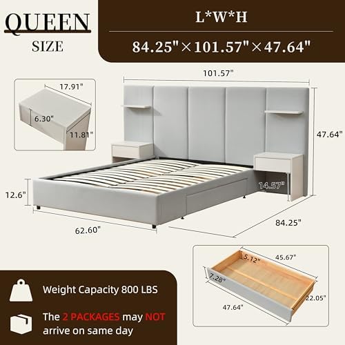 Queen Size Bed Frame with Storage & Built-in Nightstands & Drawers, Gray