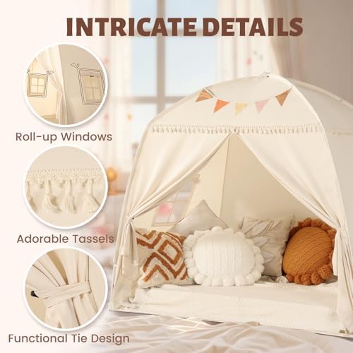 Sumbababy Large Teepee Tent for Kids - Tent for Kids Indoor Kids Teepee for Boys & Girls - Playhouse Inside Canopy Bed for Playroom Gift Toys (Cream)