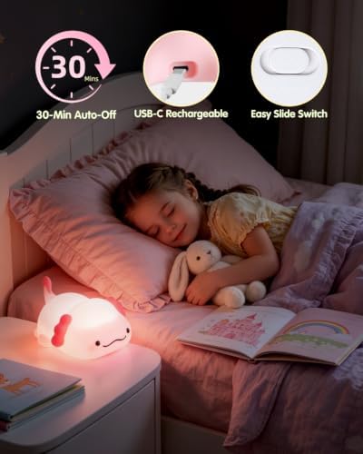 Fuloon Axolotl Night Light, 3-Level Dimming Silicone Touch Lamp with Rechargeable Battery & 30-Min Auto Timer, Cute Squishy Unicorn Whale Desk Decor, Funny White Elephant Gift for Adults Teens Kids