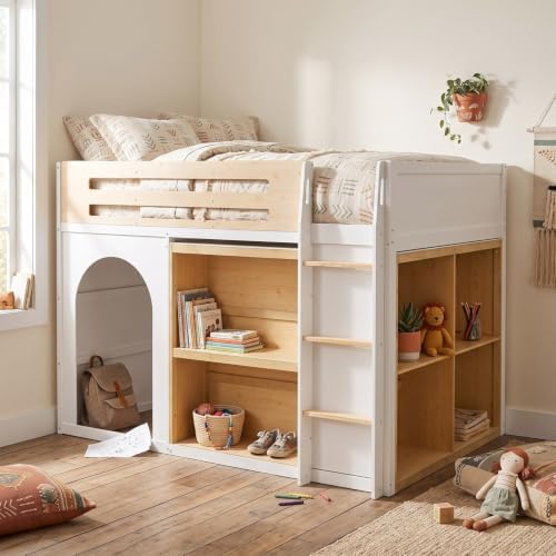 LUMISOL Full Size Loft Bed with Storage and Bookshelf, Playhouse Wooden High Sleeper Bed with Guardrails and Ladder, Space Saving Loft Bed for Kids Boys and Girls, White