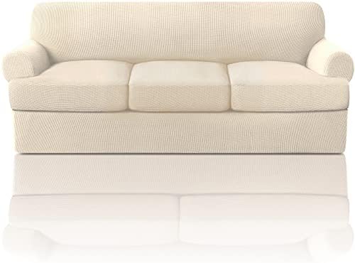 PrinceDeco T Cushion Sofa Slipcover 4 Pieces Sofa Covers for T Cushion Couch Soft Sofa Slip Covers Furniture Protector with 3 Individual T Shape Seat Covers (70"-88") Washable, Natural
