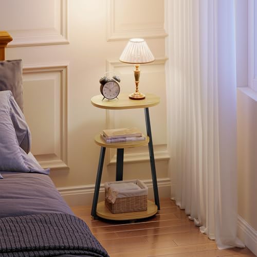Kalrin Side Table, Small End Table with Metal Frame, 3-Tier Bedside Tables, Round Side Tables for Living Room Bedroom Couch Bathroom, Oval, Modern Oak