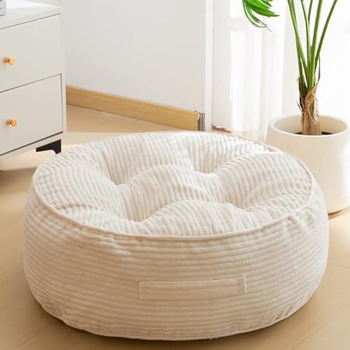 HIGOGOGO 8" Extra Thick Floor Pillow Cushion for Adults, Meditation Cushion Pillow, Large Round Floor Sitting, Tufted Corduroy Cover, for Tatami Living Room or Yoga, 22x22 Inch, Beige