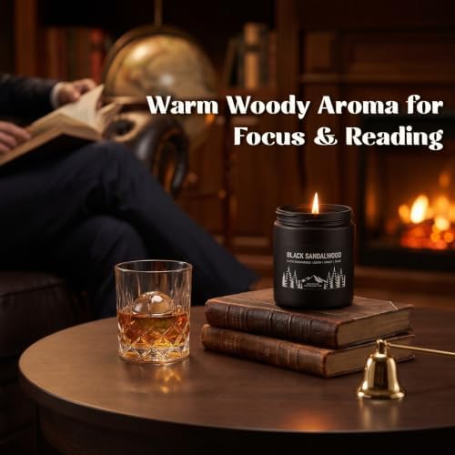 Auelife Black Sandalwood Scented Candle for Men, 7oz Soy Wax 50-Hour Burn