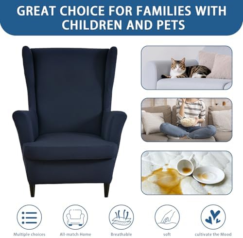 Wingback Chair Slipcover 2 Piece Stretch Armchair Cover Furniture Protector Washable Spandex Wing Navy Blue Chair Covers for Living Room