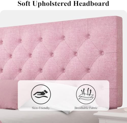 HOMBCK Queen Bed Frame with Adjustable Headboard, Pink