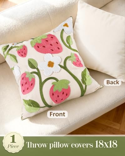 Embroidered Throw Pillow Cover 18x18 Inch, Branch Strawberry