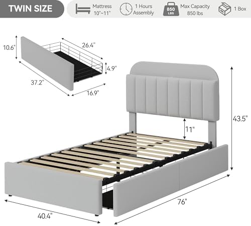 IDEALHOUSE Twin Bed Frame for Kids, Boucle Upholstered Platform Bed for Boys/Girls with 2 Flexible Drawers, Bookcase Headboard, Noise-Free, Easy Assembly, No Box Spring Needed, Gray