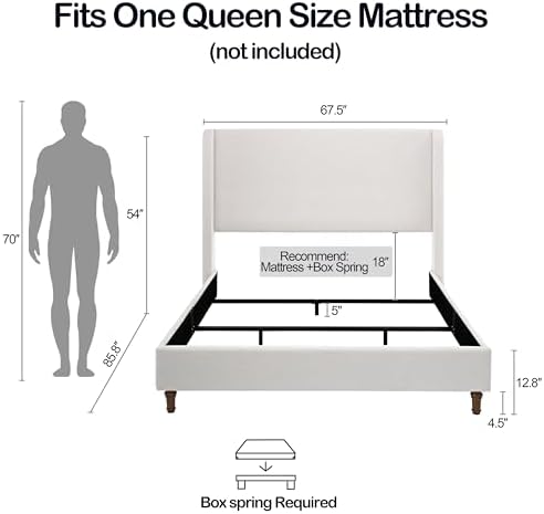 Queen 54" Tall Headboard Wingback Upholstered Platform Bed Frame Premium Elegant Simplicity for Bedroom King Bed Without Wooden Slats Box Spring Required Easy Assembly Textured Ivory Canvas