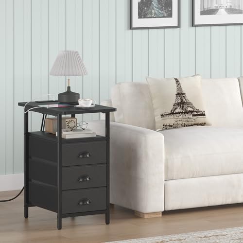 sthmec End Table with Charging Station, Side Tables Livingroom with USB Ports and Outlets,Narrow Nightstands Bedside Tables with 3 Drawers PU Finish for Small Space,Slim Sofa Table Bedroom,Black