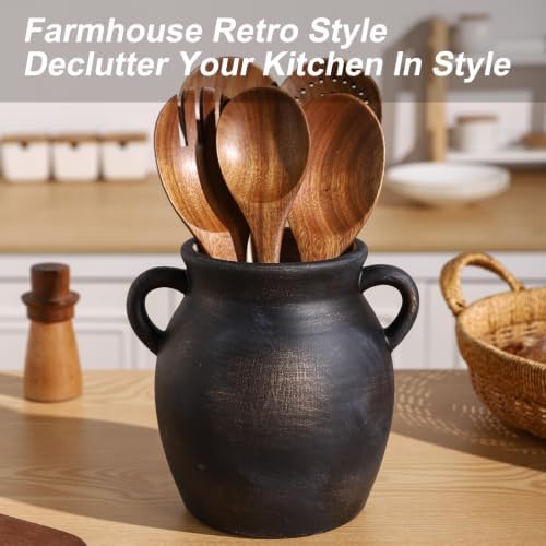 Ceramic Farmhouse Kitchen Utensil Holder for Countertop, Rustic Cooking Utensil Holder Crock Fit for Kitchen Counter. Bronze Color Scheme.