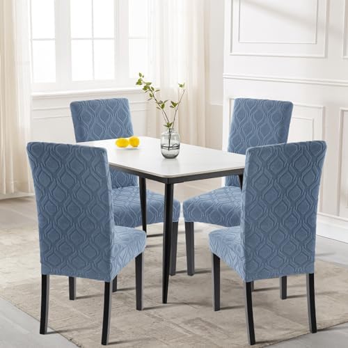 SearchI Dining Room Chair Covers Set of 6, Stretch Jacquard Parsons Chair Slipcovers Spandex Removable Washable Kitchen Chair Protector Cover for Dining Room, Hotel, Ceremony (Gray-Blue Geometric)