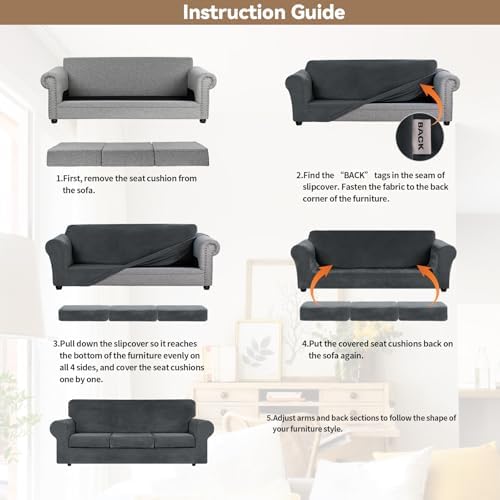 WEERRW 4 Pieces Couch Cover for Sofa Velvet Sofa Covers Washable, Dark Grey