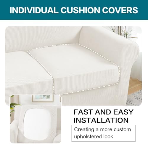 Turquoize 4 Piece Sofa Covers for 3 Cushion Couch Sofa Slipcover Soft Couch Cover for Dogs-Washable Sofa Furniture Covers with 3 Individual Large Cushion Covers (XL Sofa, Porcelain White)