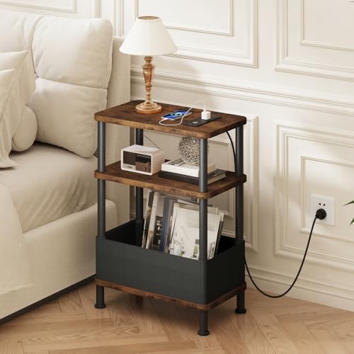 Small Narrow Side Table with Charging Station, 3-Tier Skinny End Table with Fabric Basket, Easy Assembling, Slim Nightstand Bedside Table for Small Spaces, Living Room, Bedroom