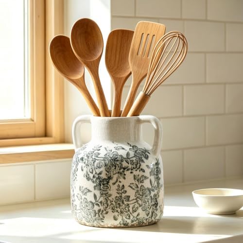 Ceramic Vase with Handles, Vintage Utensil Holder, Flower Decorative Vase Chinoiserie Decor Rustic Farmhouse Retro Floral Vases for Table Bookshelf Mantel Kitchen Living Room Office - 6.7” Gray 017