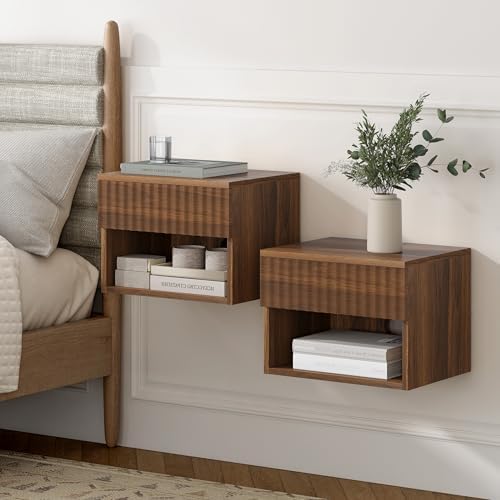 Floating nightstand Set of 2，Modern Fluted Bedside Tables with Drawer & Open Shelf Brown