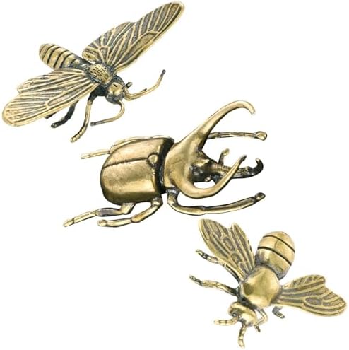 3PC Butterfly Bee Beetle Sculpture Solid Metal Brass Animal Figurine Mini Insect Statue Ornament for Home Office Garden Desktop Decor Scene Decoration (Butterfly + bee + Beetle)
