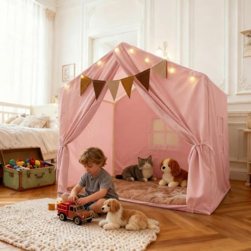 Kids Play Tent, Indoor Playhouse with Mat/Star Lights/Flag - Large 52"x35"x52" Play Tent for Kids, Reading Nook & Playroom Canopy for Boys and Girls (Pink)