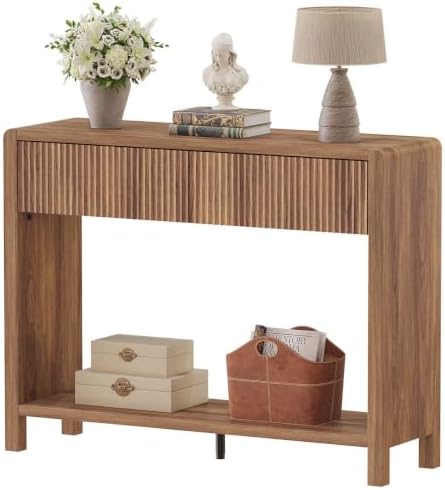 FATORRI Console Table with Storage, Mid-Century Farmhouse Entryway Table with Drawers and Shelf, 39.37 inch Wood Sofa Tables Behind Couch for Living Room, Hallway, Kitchen, Foyer (Walnut)