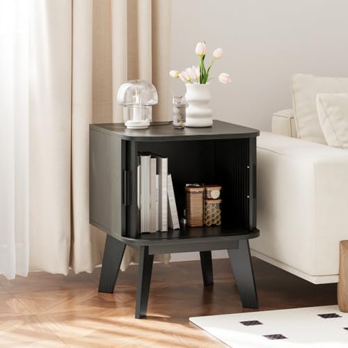 Nightstand Set of 2 with Sliding Roller Shutter Doors&Solid Wood Legs,Black