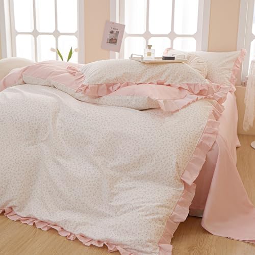 Pink Floral King Size Duvet Cover with Ruffle 100% Cotton Comforter Cover 3 Pcs, Teen Girls Chic Aesthetic Duvet Cover with Zipper Closure, Princess Bedding Sets 104"x90"