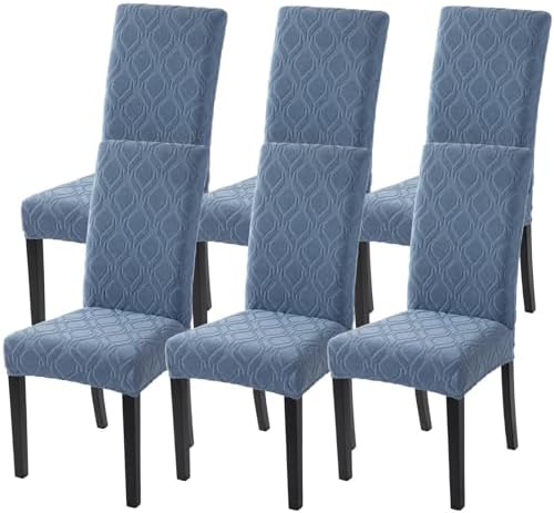 SearchI Dining Room Chair Covers Set of 6, Stretch Jacquard Parsons Chair Slipcovers Spandex Removable Washable Kitchen Chair Protector Cover for Dining Room, Hotel, Ceremony (Gray-Blue Geometric)
