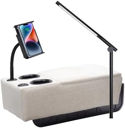 Removable Sofa Armrest, Dual Cup Holders Large Size Multifunctional Couch Caddy Storage Arm Rest with Power Wireless Charging Stand & LED Reading Light for Sofa Middle Seat Parts