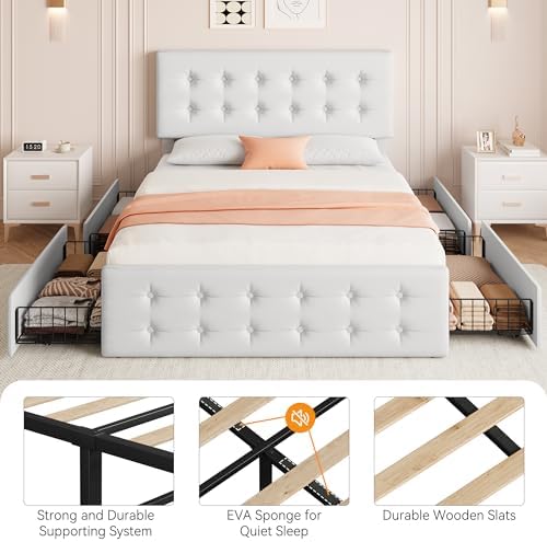 IDEALHOUSE Queen Size Bed Frame with 4 Storage Drawers and Headboard, White