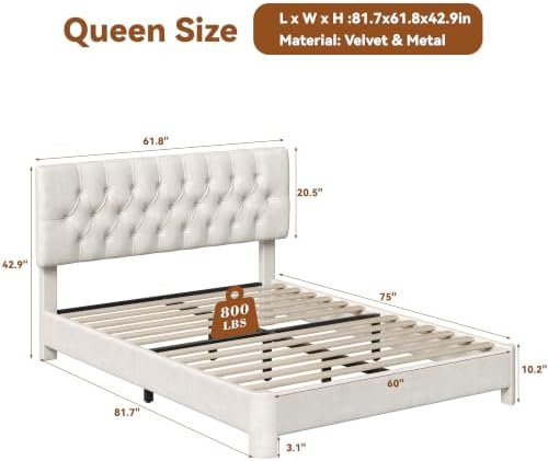 Queen Size Bed Frame with Headboard, Luxury Velvet Fabric Upholstered Bed frame with Button Tufted Design, Strong Wooden Slats Support - Low & Sturdy, Noise-Free, No Box Spring, Easy Assembly, Cream