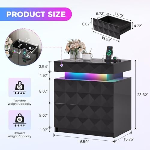 Dystler LED Night Stand with Charging Station, Lockable Hidden Drawer
