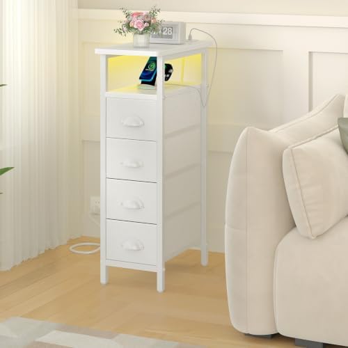 sthmec Side Table with Charging Station, Narrow End Table with 4 Drawers, LED Nightstands with Fabric Drawers,Slim Sofa Couch Side Tables for Small Spaces,Living Room,Bedroom, White