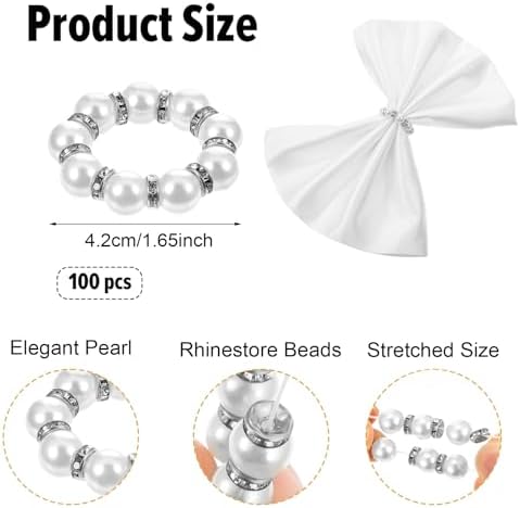 100Pcs Pearl Napkin Rings Imitation Pearl Ring Napkin Holder Delicate Silver Beaded Serviette Buckles for Wedding Christmas Dinner Banquet Decor Party Table Settings