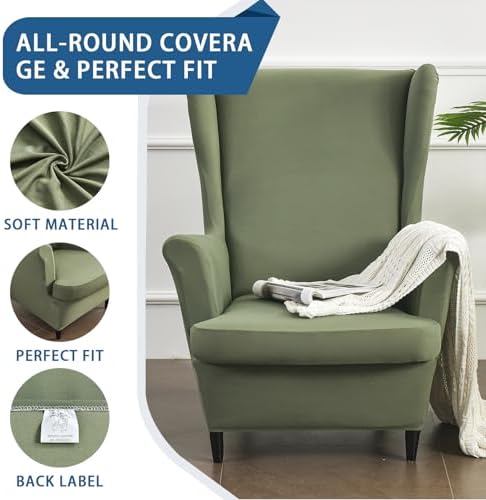 Wingback Chair Slipcovers 2 Piece,Green Wing Chair Slipcovers,Stretch Spandex Wingback Chair Covers for Living Room Armchair,Washalbe Sofa Slipovers