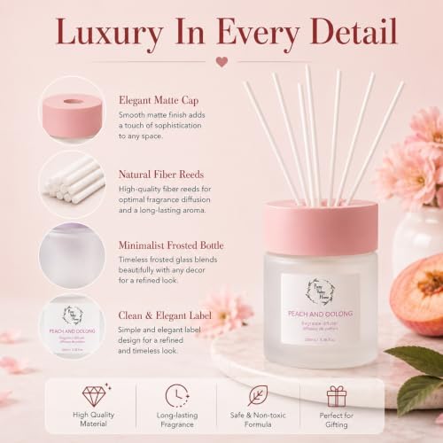Reed Diffuser Set, 3.38 fl oz (100 ml) - White Peach & Oolong Oil Diffusers with Reed Sticks, Home Fragrance Reed Diffuser for Bathroom Shelf Decor